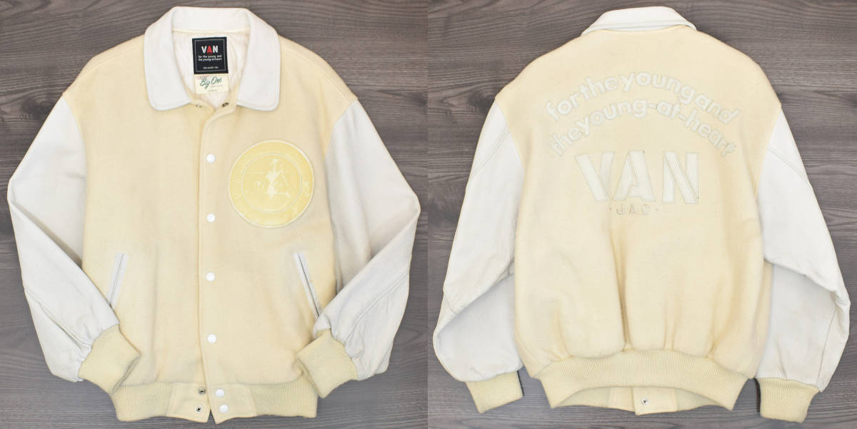 【超希少】VAN JACKET スタジャン 袖レザー ホワイト BIG ONE 希少☆当時モノ VAN JAC ヴァンヂャケット 刺繍・レタード 袖牛革