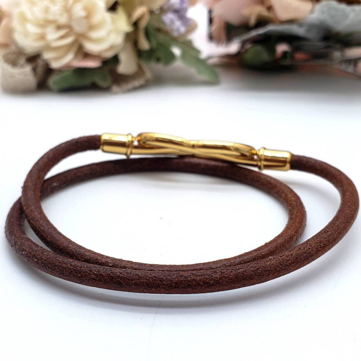 美品 12-9【HERMES エルメス】 アタメ ブレスレット レザー ブラウン