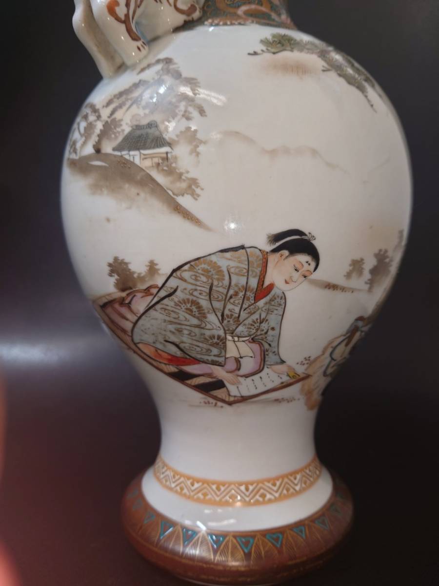 10988【九谷焼】九谷製 色絵金彩 武士童図 獅子耳 壺 双耳壺 花瓶 花