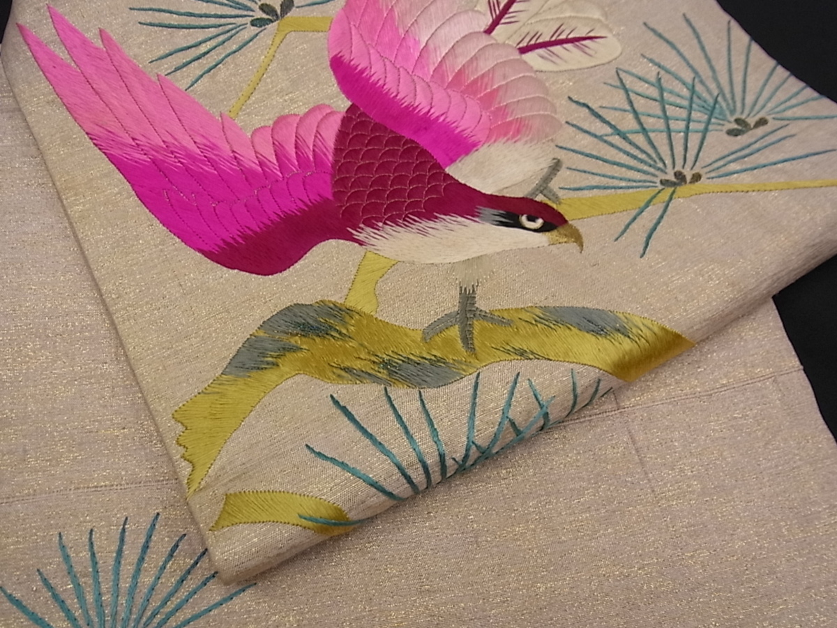 着物屋こころ□アンティーク 大正ロマン 九寸名古屋帯 手刺繍 花鳥文