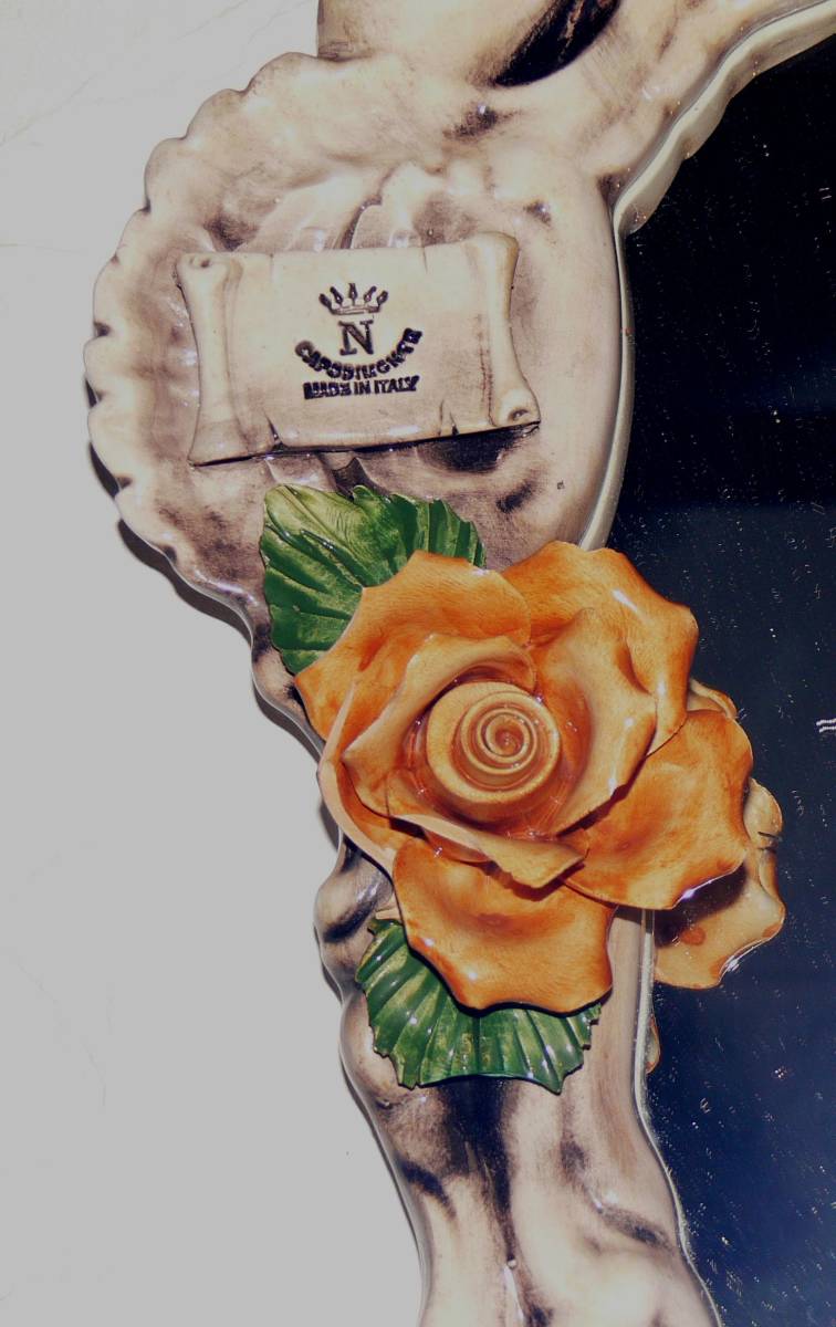 カポディモンテ 陶花 鏡 ウォールミラー バラ ローズ イタリア製