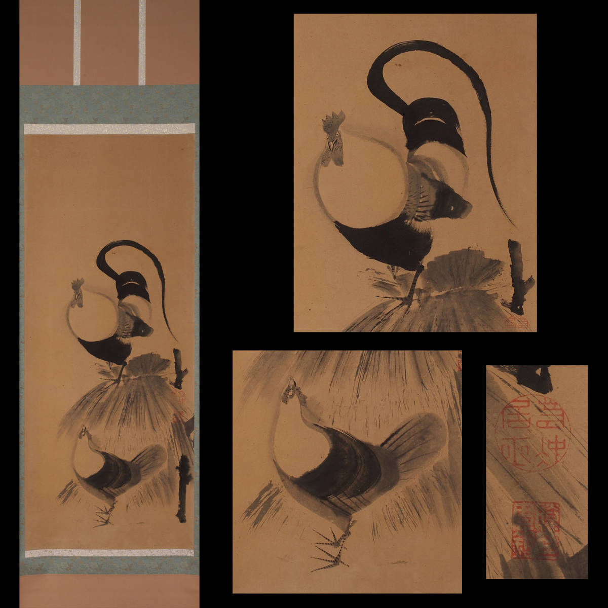 伊藤若冲 鶏図竪物(掛軸 掛物 茶道具 日本画 水墨画 江戸絵画) 伊藤若冲