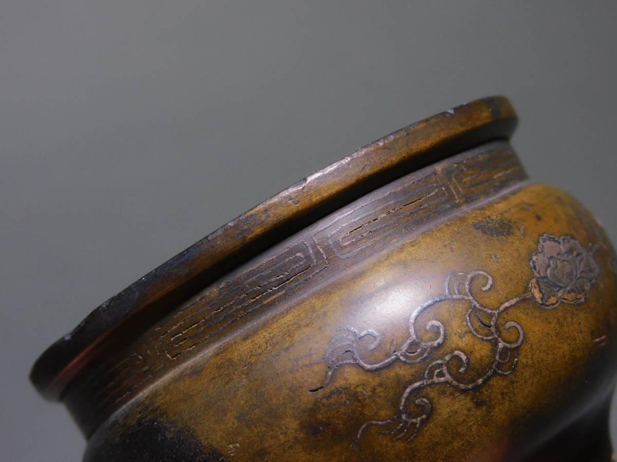 清 銅製銀象嵌三足香炉 約153g 伝世品(その他)｜売買され