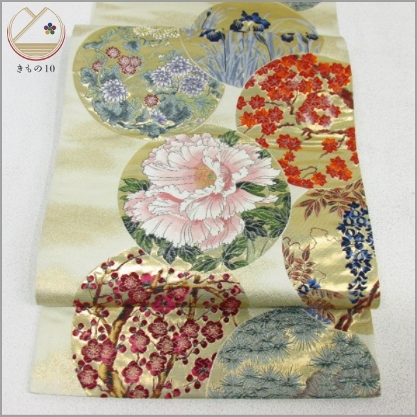 着物10 1円 絹 袋帯 傘松閣天井絵 花丸文 牡丹 紅葉 菖蒲 菊 藤 枝梅 六通柄 長さ4cm 同梱可 仕立て上がり 売買されたオークション情報 Yahooの商品情報をアーカイブ公開 オークファン Aucfan Com