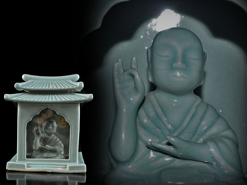【雲】某蒐集家放出品 時代 古陶磁 高麗 青磁 御殿仏 高麗仏 箱付 仏教美術 李朝 高麗 (中国韓国朝鮮美術古陶磁器) BC8665