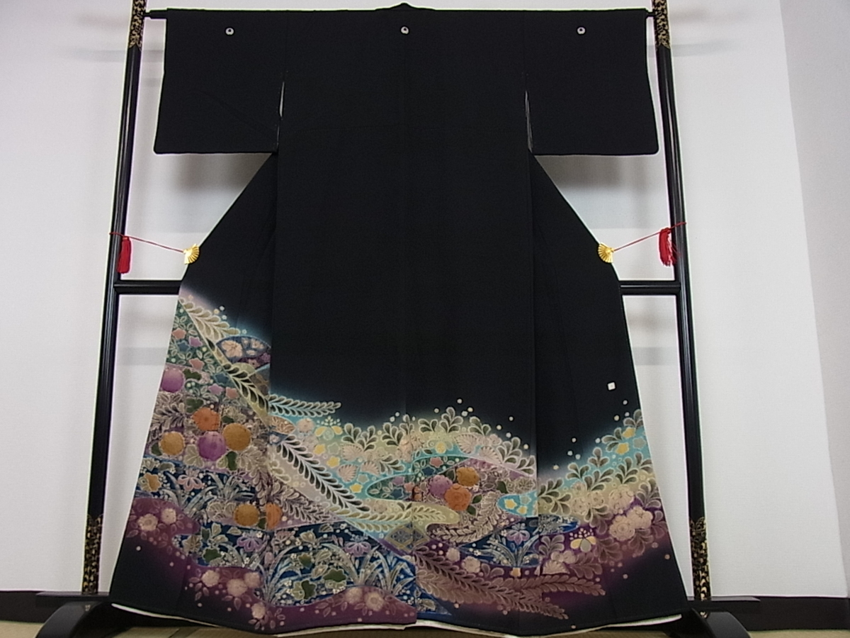 辻が花 暈し染め 金彩 逸品 絞り 正絹 作家物 黒留袖 平和屋2□