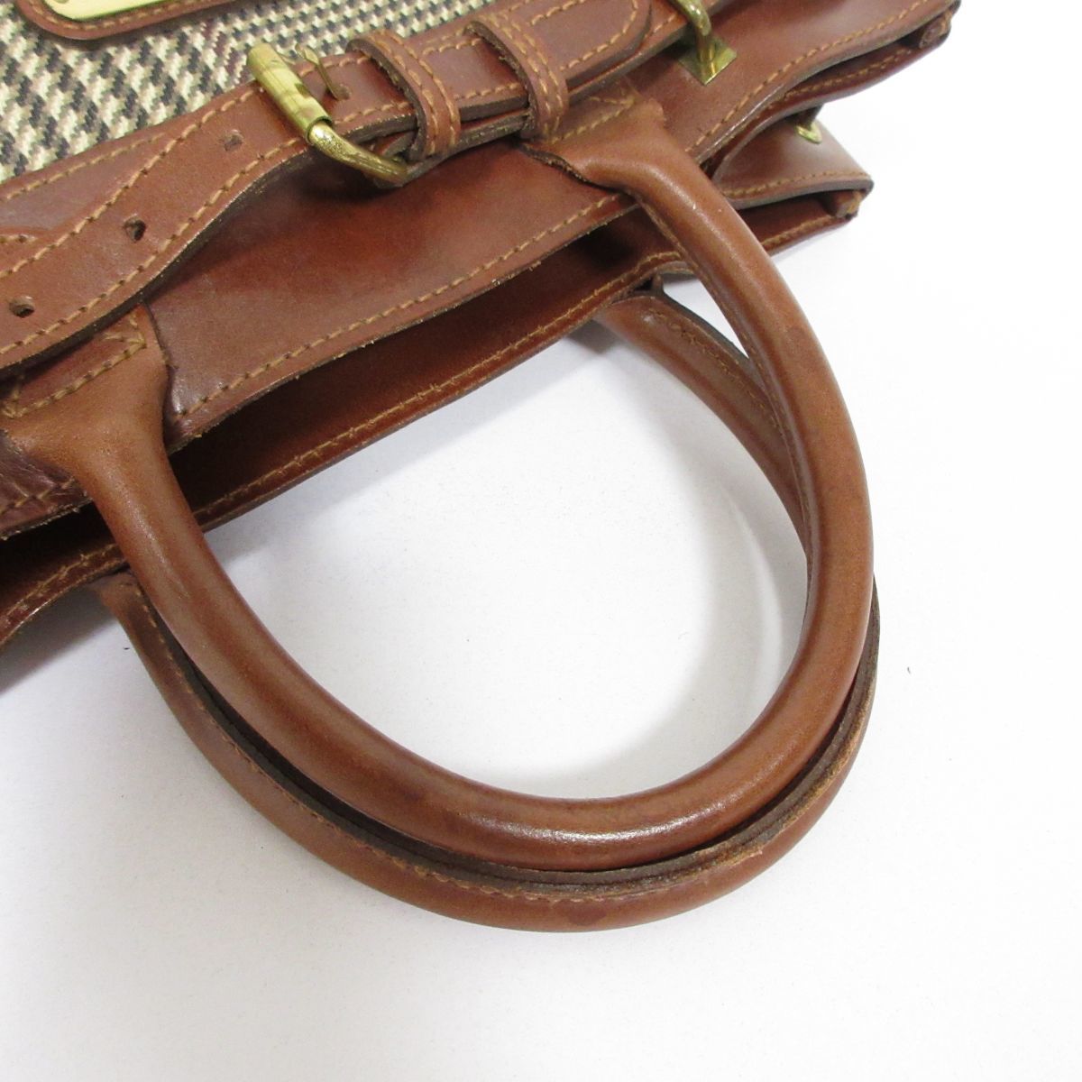良品 POLO RALPH LAUREN ポロラルフローレン グレンチェック柄 PVC×レザー スクエア ハンドバッグ 大容量 ブラウン 茶 I0103 POLO 良品 LAUREN バイ ラガー ケーブルニット