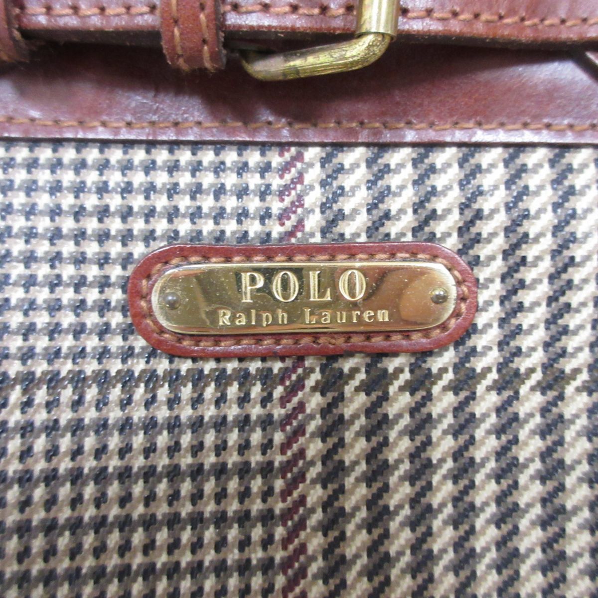 良品 POLO RALPH LAUREN ポロラルフローレン グレンチェック柄 PVC×レザー スクエア ハンドバッグ 大容量 ブラウン 茶 I0103 POLO 良品 LAUREN バイ ラガー ケーブルニット