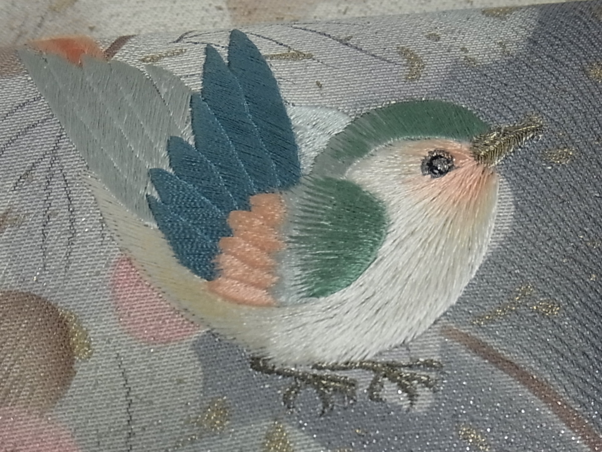 レディース 平和屋着物○太鼓柄袋帯 紬地 刺繍 格子花鳥文 正絹 逸品
