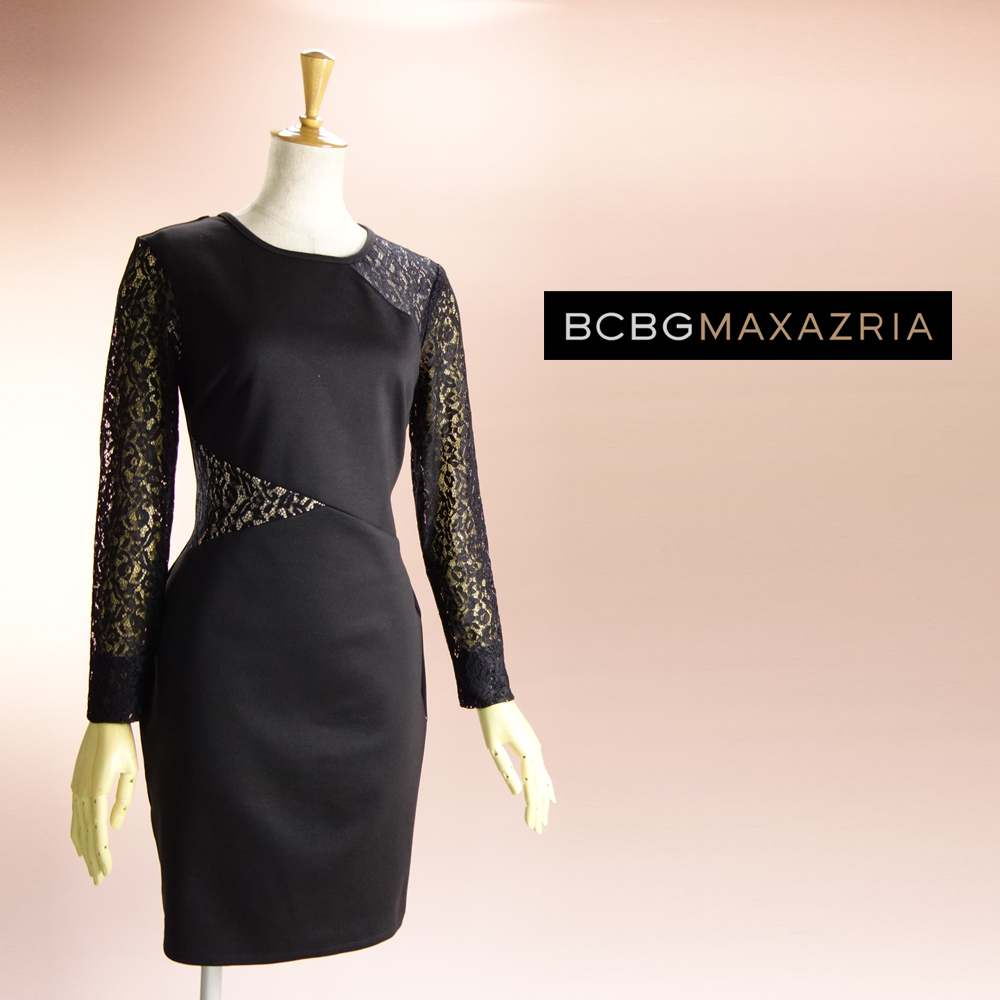 新品 BCBGマックスアズリア 7号～9号 黒 刺繍レース 花柄 長袖 ワンピース パーティドレス ブラック 結婚式 二次会 お呼ばれ 慶華28K1401