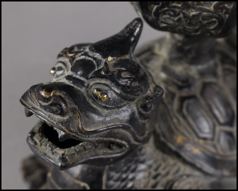 中国美術 古銅製 鍍金細工 獅子摘蓋 玄武 龍亀 透彫香炉 香爐 香道具