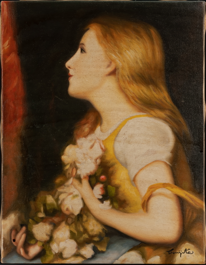 ◇藤田嗣治◇油絵 手描き《薔薇を持つ少女》表サイン 裏書(印譜) 東郷  