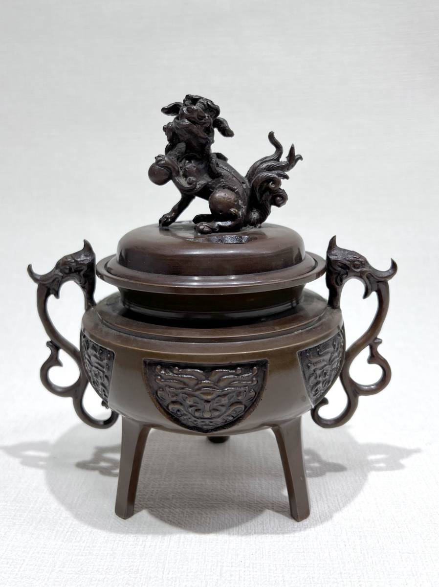 時代物！作家物 瑞峰作 刻印入り 銅製 三つ脚 香炉 獅子 龍双耳 幅15 