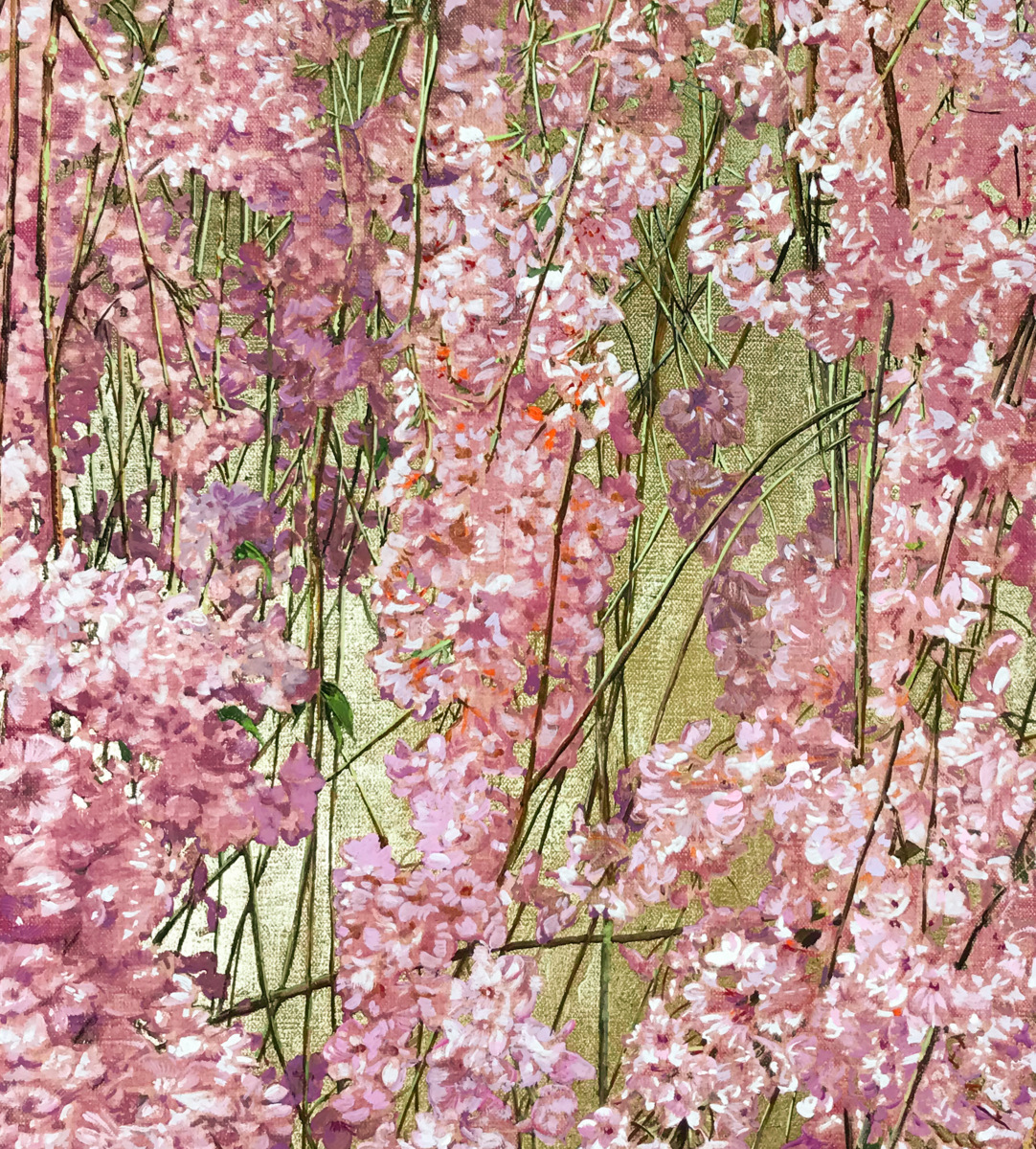 井阪仁(1951-)○琳派写実絵画『春爛(小糸しだれ桜)』金箔油彩15号 