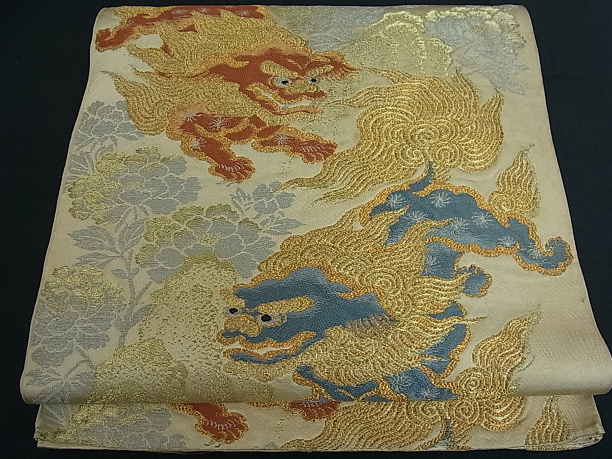 平和屋着物□アンティーク 大正ロマン 本袋帯 唐織 唐獅子 金銀糸 逸品