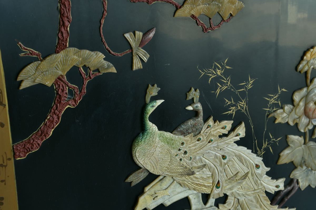 古美術】衝立 玉 屏風 古玩 唐物 孔雀 金魚 花鳥 骨董 漆 蒔絵 