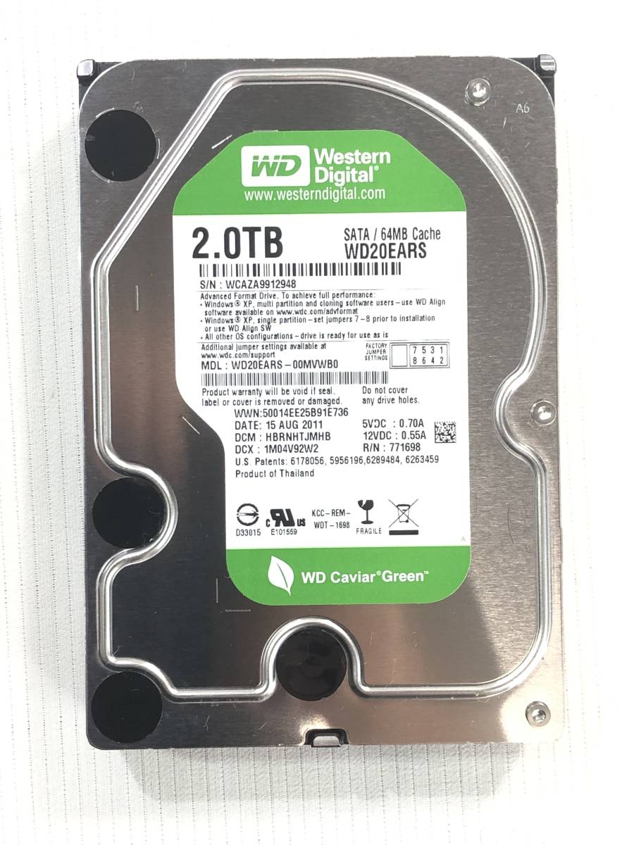 Disque Dur 2To SATA III 3.5 WD Caviar Green WD20EARX-00PASB0 7200RPM
