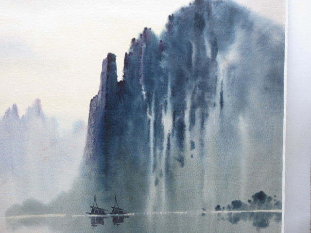 中國水彩画 【張光壁 水彩「桂林図」1992年】額寸 61.5×47cm 中国人 