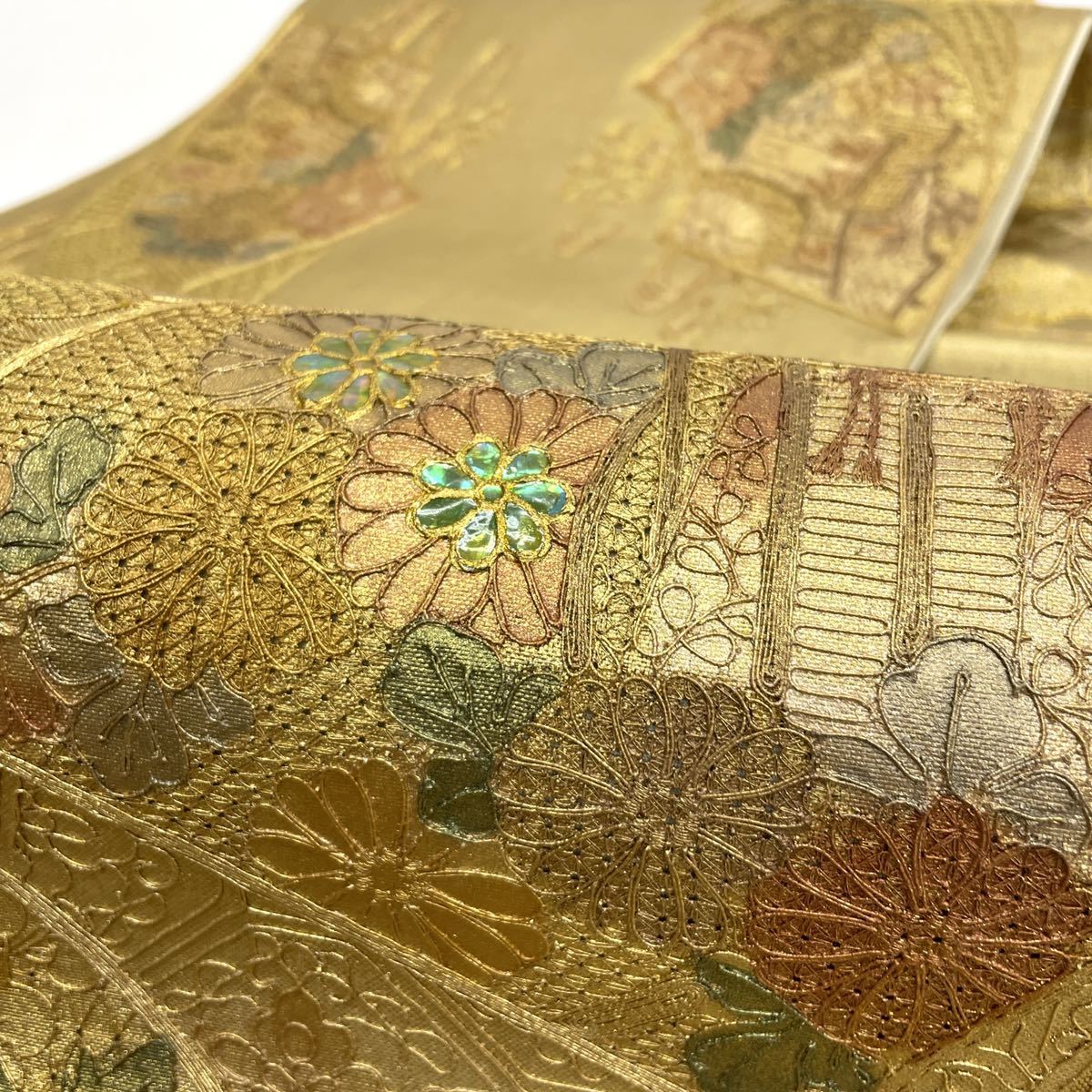 【七福】m1871 螺鈿 中国三大刺繍 汕頭刺繍 正絹 袋帯 全通 スワトウ刺繍 正絹 総刺繍 一凛〉 訪問着 花美人着物□中国三