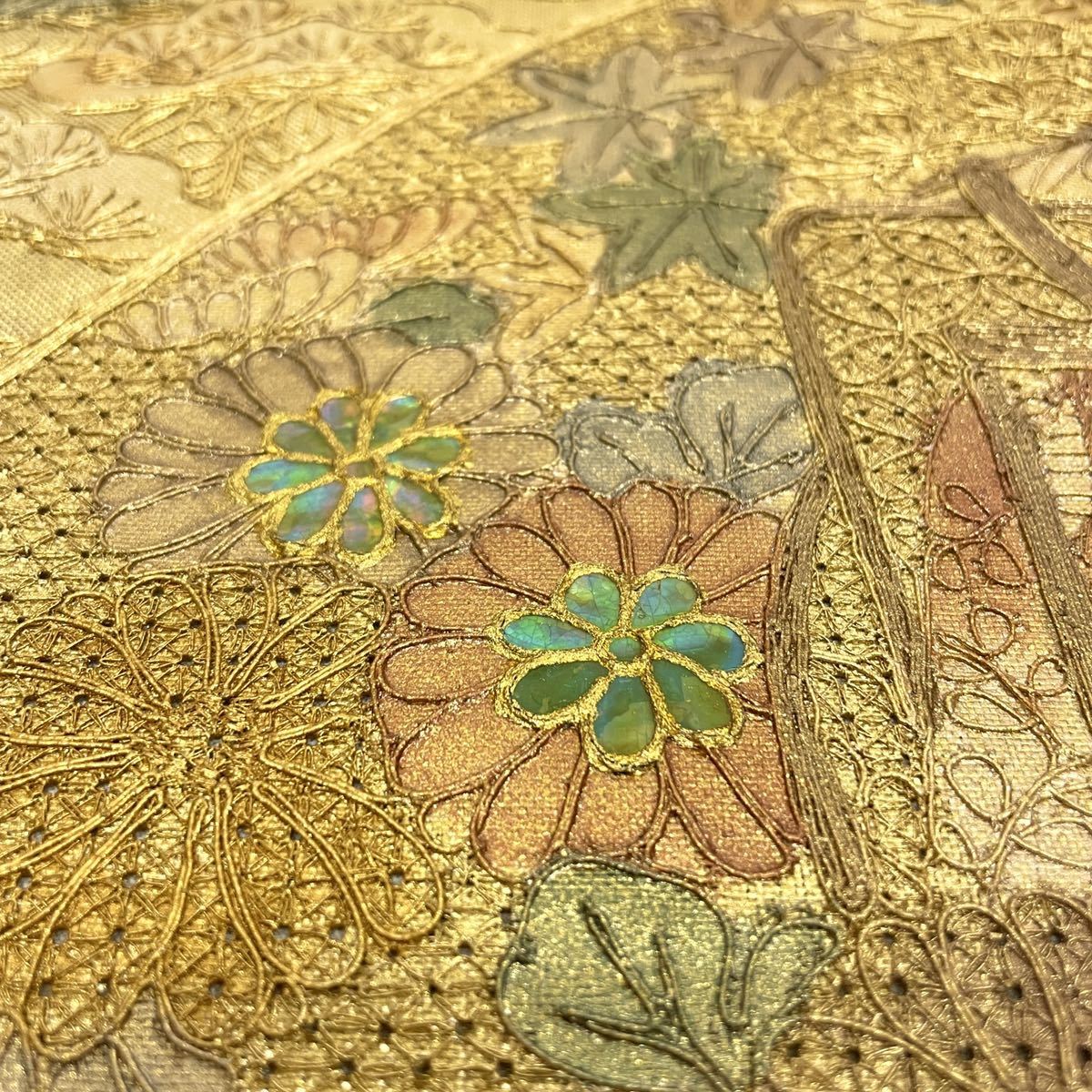 【七福】m1871 螺鈿 中国三大刺繍 汕頭刺繍 正絹 袋帯 全通 スワトウ刺繍 正絹 総刺繍 一凛〉 訪問着 花美人着物□中国三