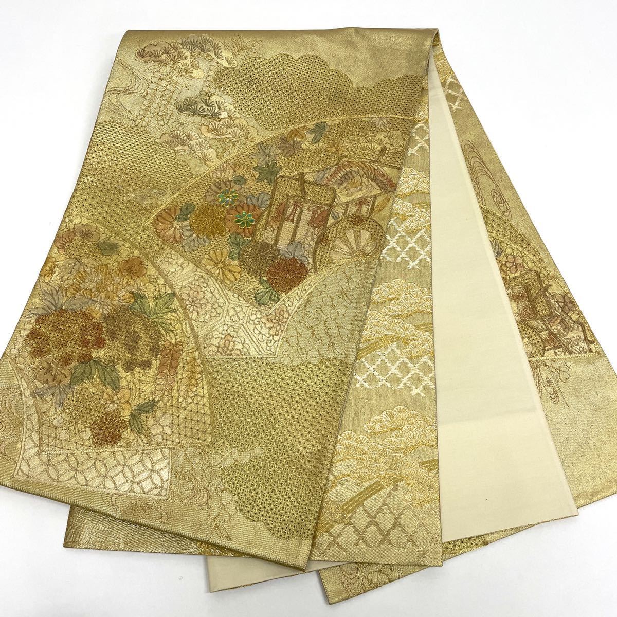 【七福】m1871 螺鈿 中国三大刺繍 汕頭刺繍 正絹 袋帯 全通 スワトウ刺繍 正絹 総刺繍 一凛〉 訪問着 花美人着物□中国三