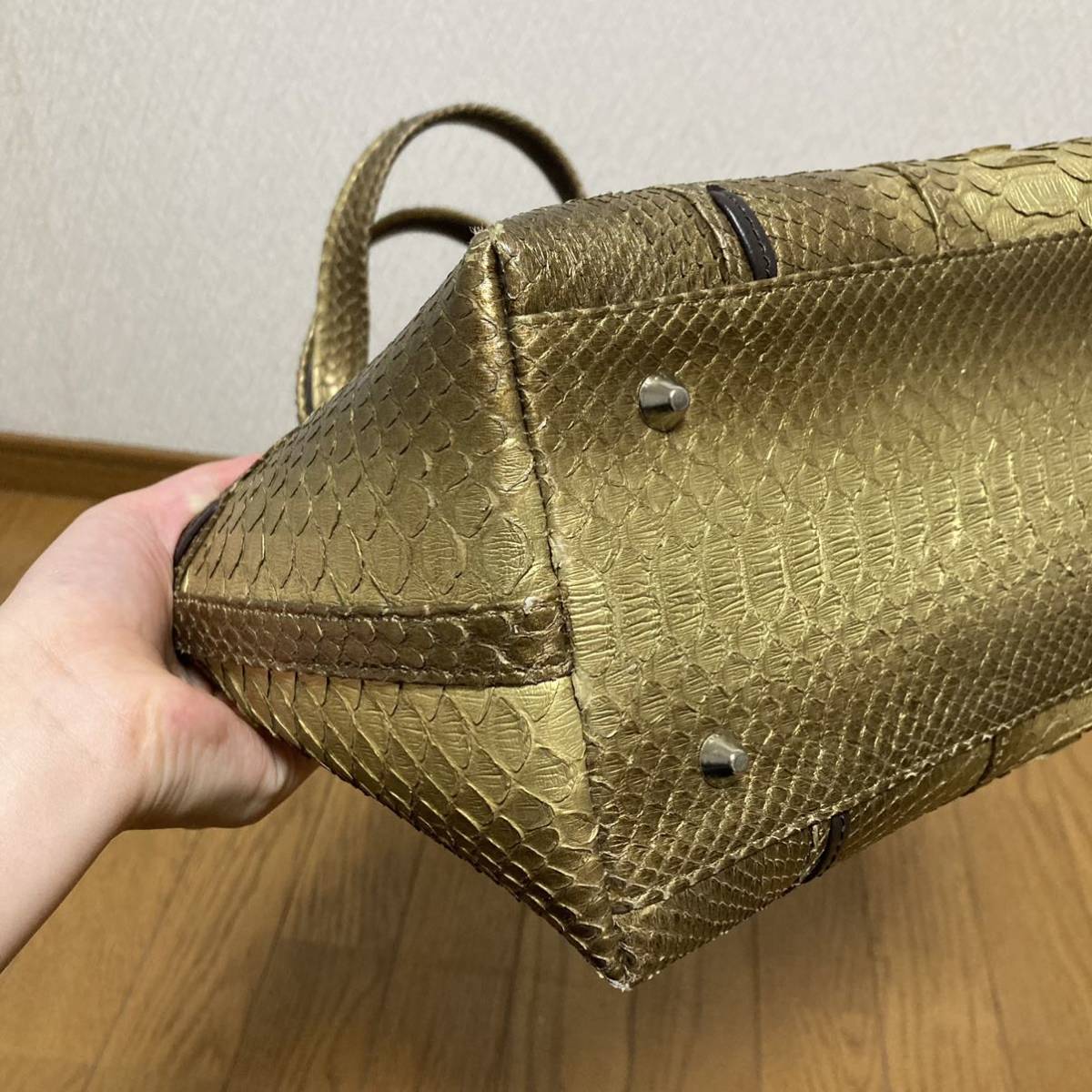 中古！布袋付き！パイソン ヘビ レディース ハンドバッグ レザー 革 