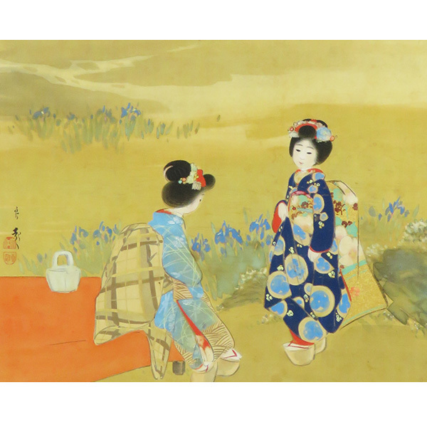 B-2131【真作】大江良起 肉筆絹本淡彩 円山公園 桜と舞妓図 掛軸／日本