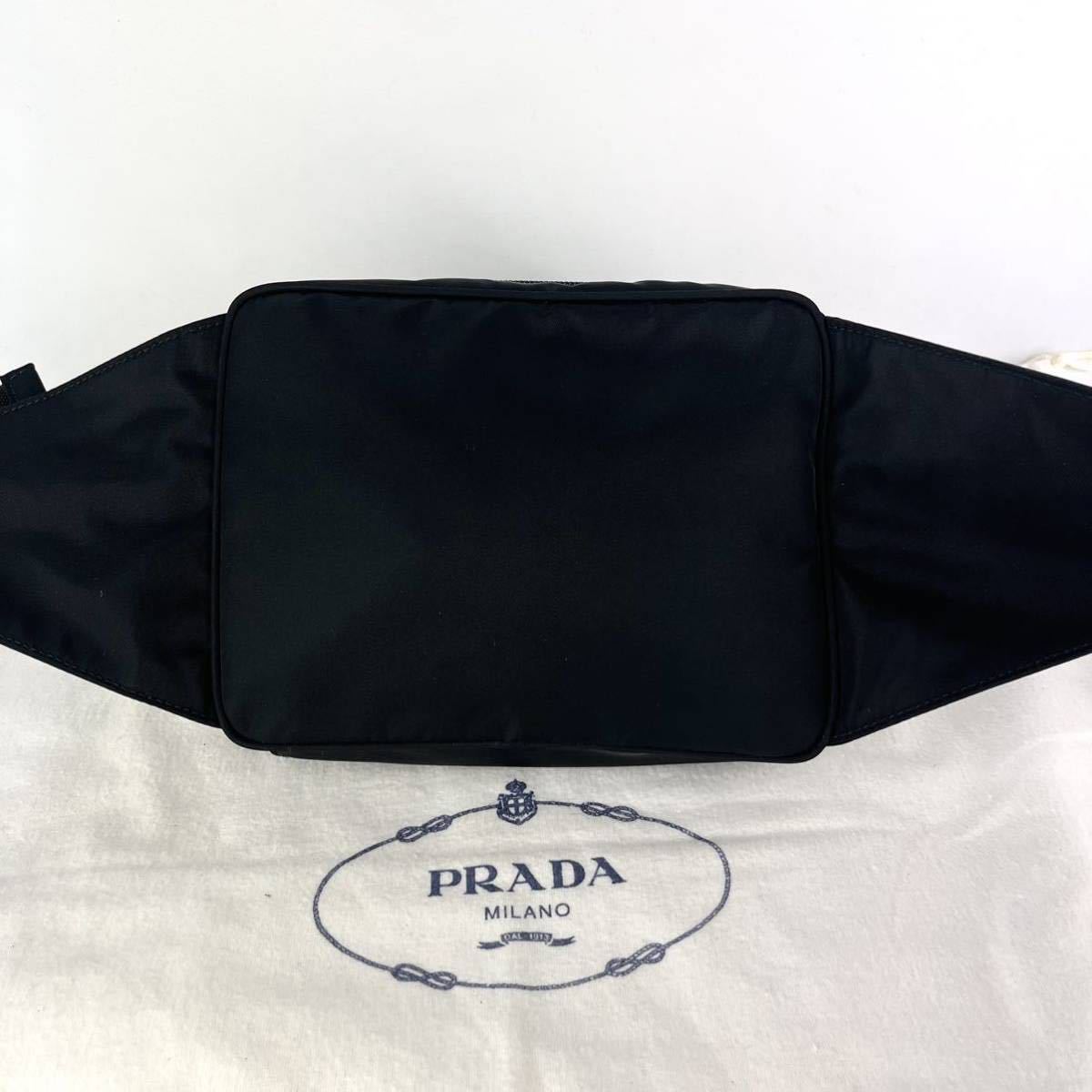 美品✨プラダ　ナイロン　ウエストポーチ　三角プレート　ブラック　シルバー金具 1円 □極美品□ PRADA プラダ 三角プレート シルバー金具 ウエスト