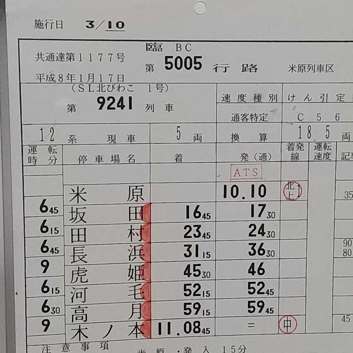スタフ SL北びわこ1号－2号 平成8年 米原列車区 （米原～木ノ本