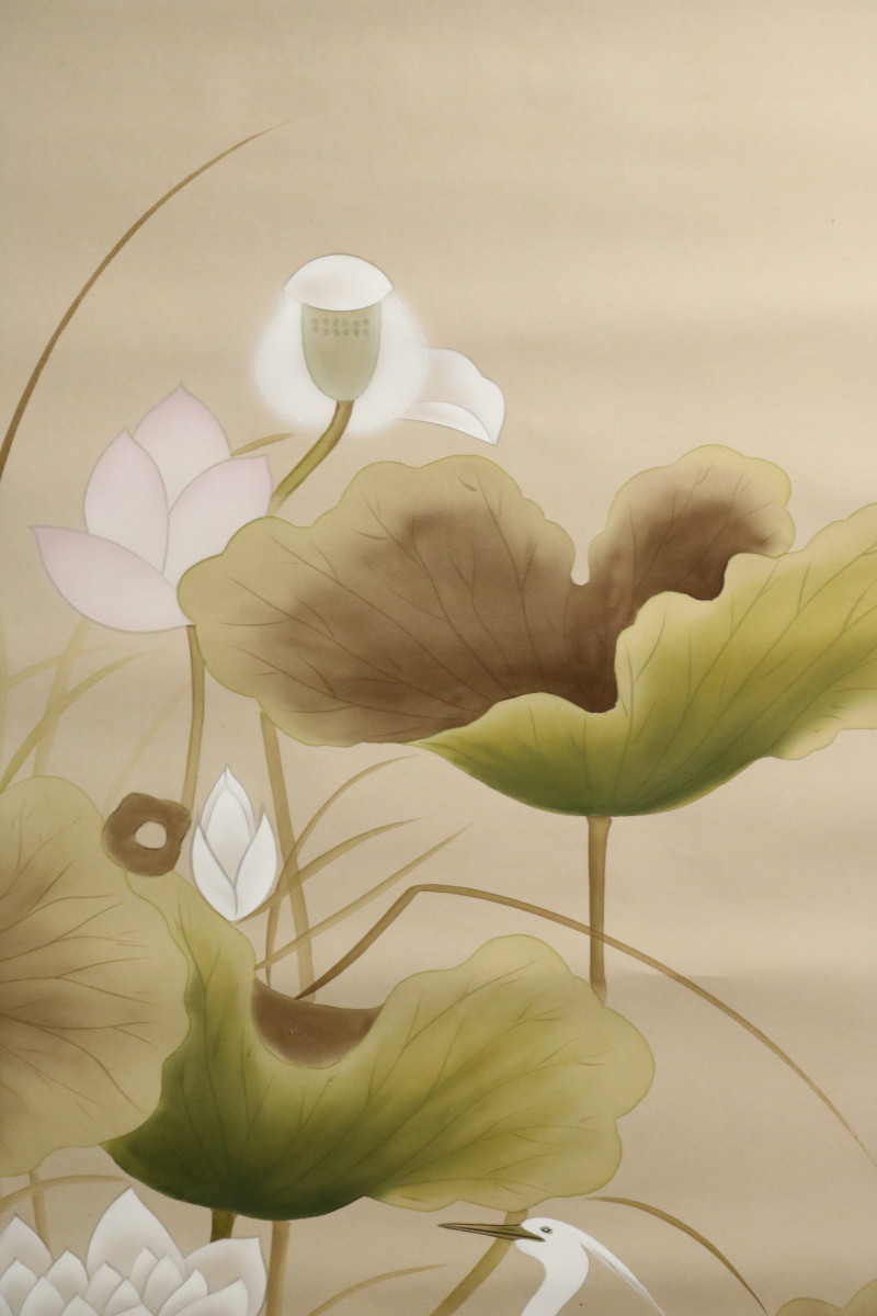 T075 掛軸/花鳥図/絹本/鷺/蓮/秋光/アンティーク/掛け軸/46487
