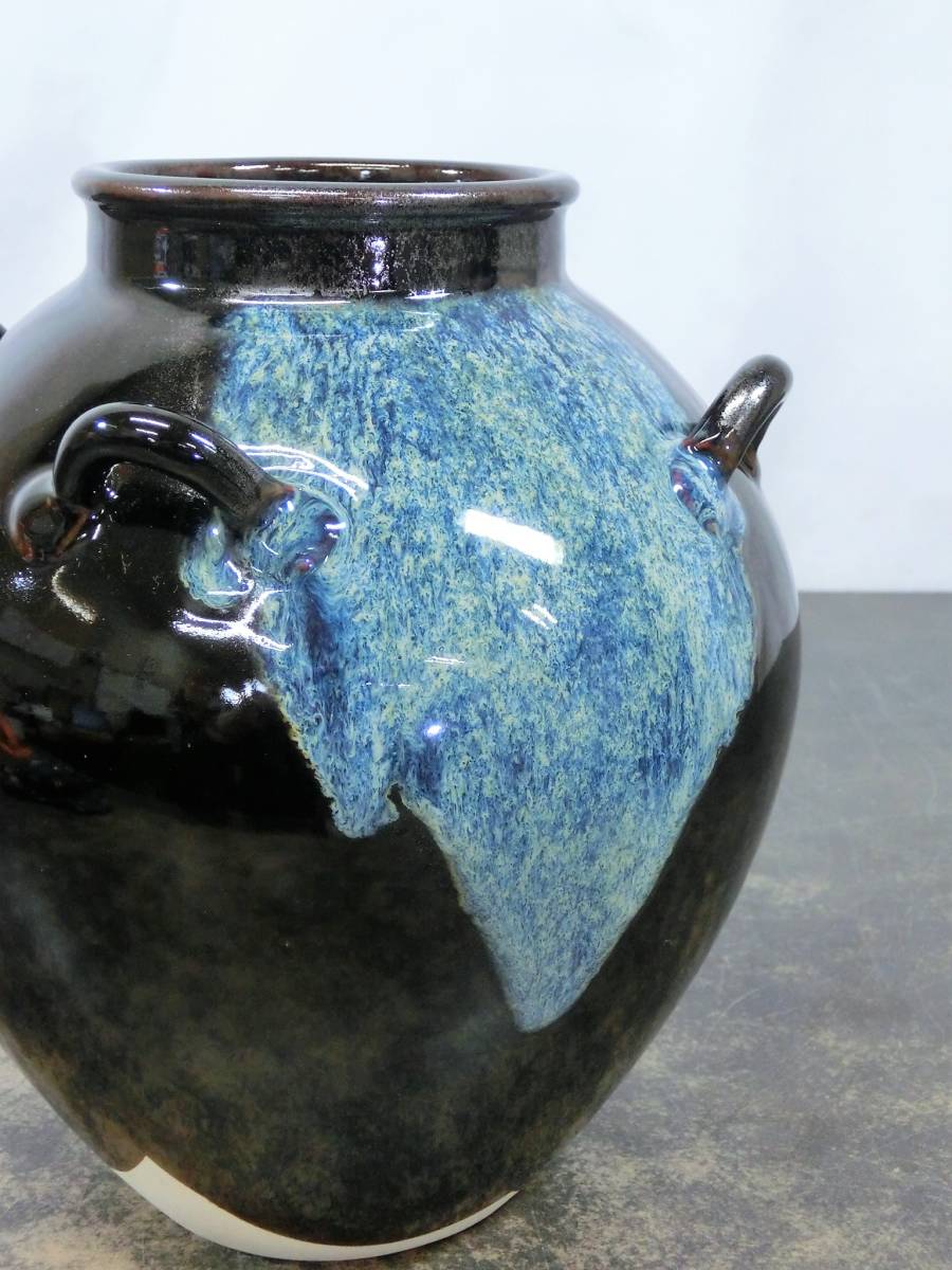 ☆洛東 平安 草山 造 飾壷 天目釉四耳壷 口覆仕