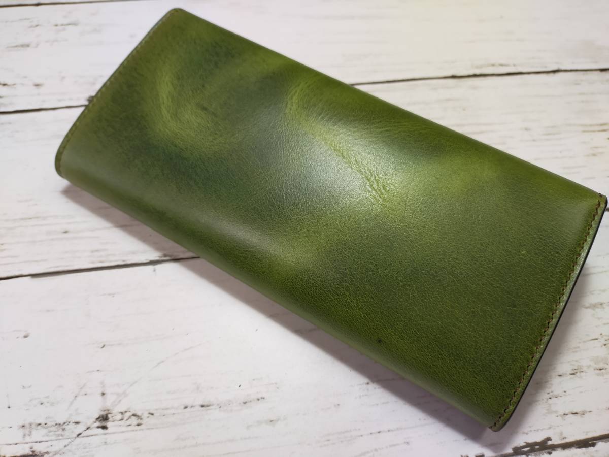 格安，得価 ハンドメイド★イタリアンレザー【イビサ】＆栃木レザー　バイカラー　フラップロングウォレット★グリーン＆ブラック　エクセラ