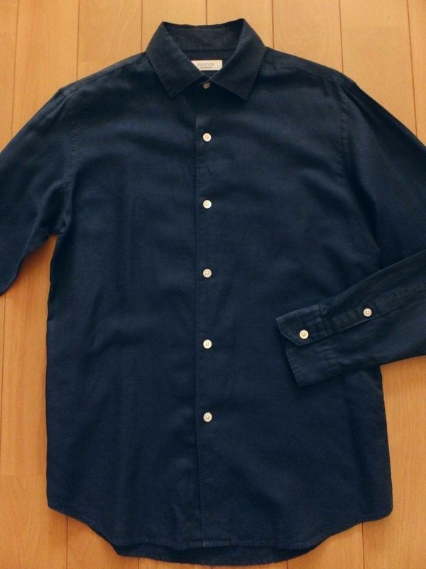 EDIFICE エディフィス - リネン混 長袖 シャツ レギュラーカラー MONTI リネン S 紺 ネイビー オープンカラー シャツ（シャツ／ブラウス）｜EDIFICE コットンリネン 接触冷感&frasl;防シワさらさらリネン混スタンドカラーシャツ(8分袖