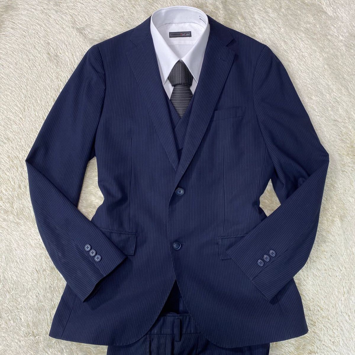 レミュー【圧巻の3ピース】LES MUES スーツ　セットアップ　スリーピース　テーラードジャケット　ストライプ　ネイビー　濃紺　M位