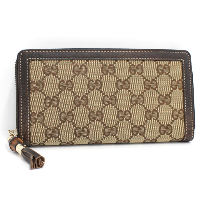 美品GUCCI ラウンドファスナー長財布 バンブータッセル ブラウン GG 