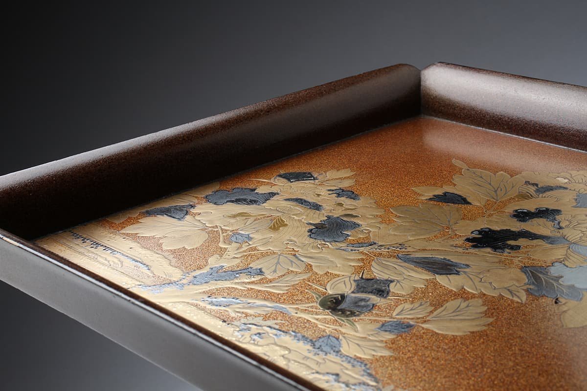 ZK574 時代物 金梨地 牡丹蒔絵四方形硯蓋・梨子地牡丹金銀蒔絵隅