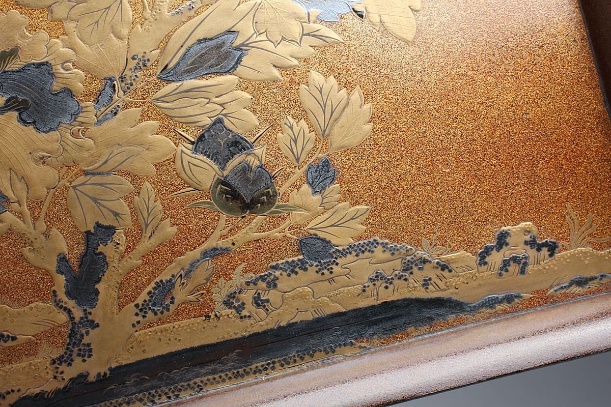 ZK574 時代物 金梨地 牡丹蒔絵四方形硯蓋・梨子地牡丹金銀蒔絵隅