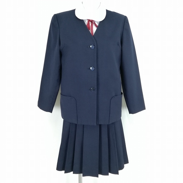 1円 イートン スカート 紐タイ 等 上下4点セット トンボ 冬物 長袖 女子 学生服 中学 高校 紺 制服 中古 ランクC EY0436_1