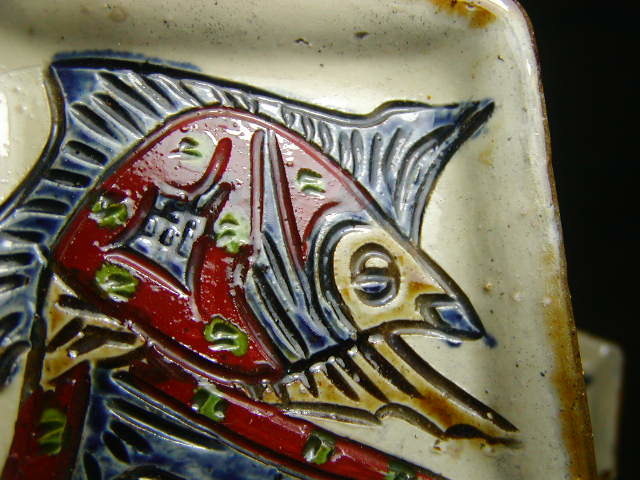 沖縄 琉球焼 壺屋焼 赤絵魚文銘々皿 五枚揃い 5点セット 検 新垣栄三郎