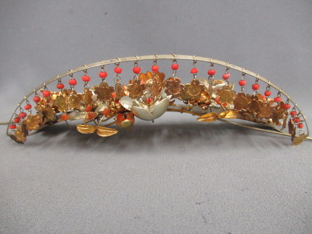 アンティーク 金工細工珊瑚 花嫁かんざし ビラかんざし （びら簪 金工 