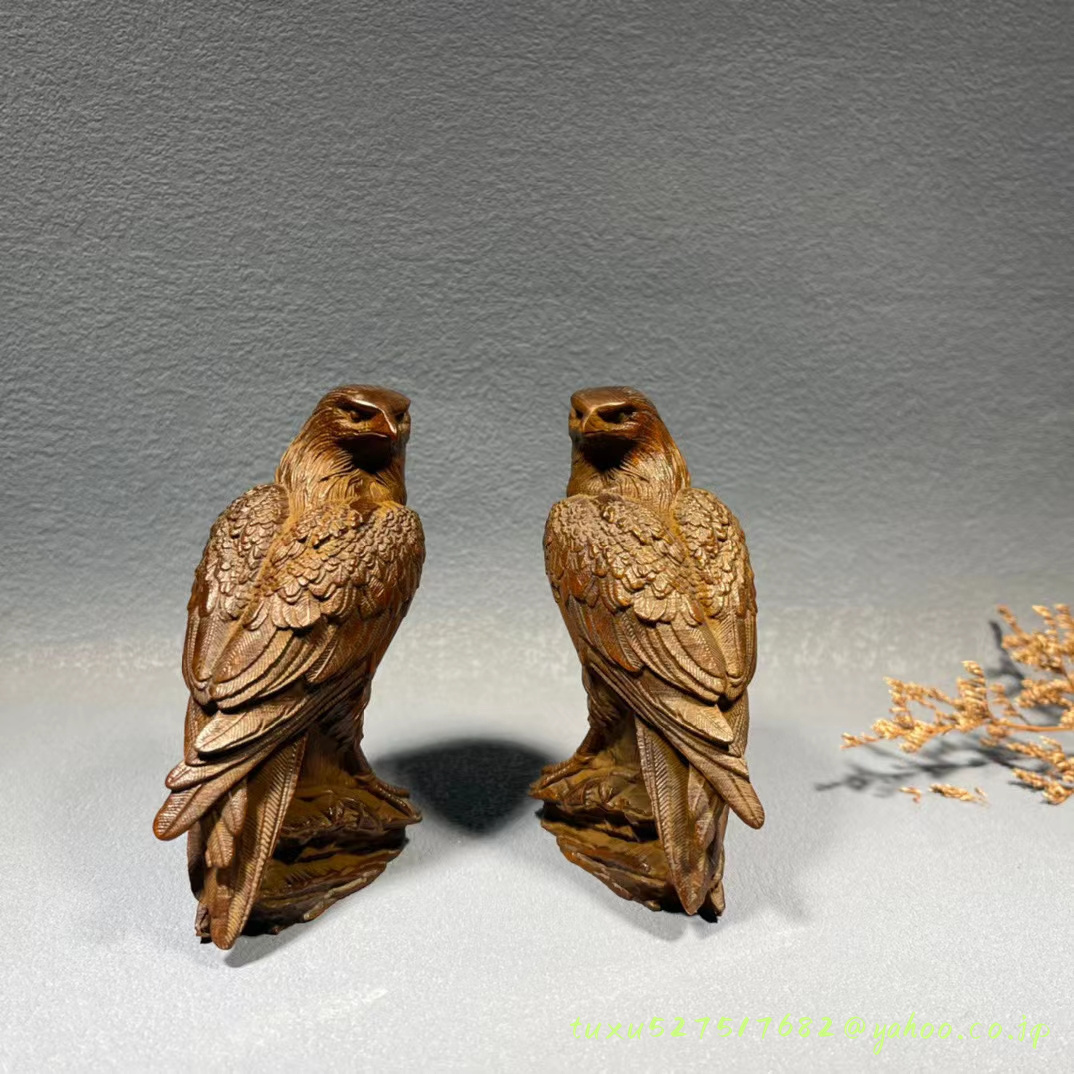 鷲 ワシ 鷹 木彫り像 擺件 黄楊木製 極上品 古美術 細密彫刻 2点セット