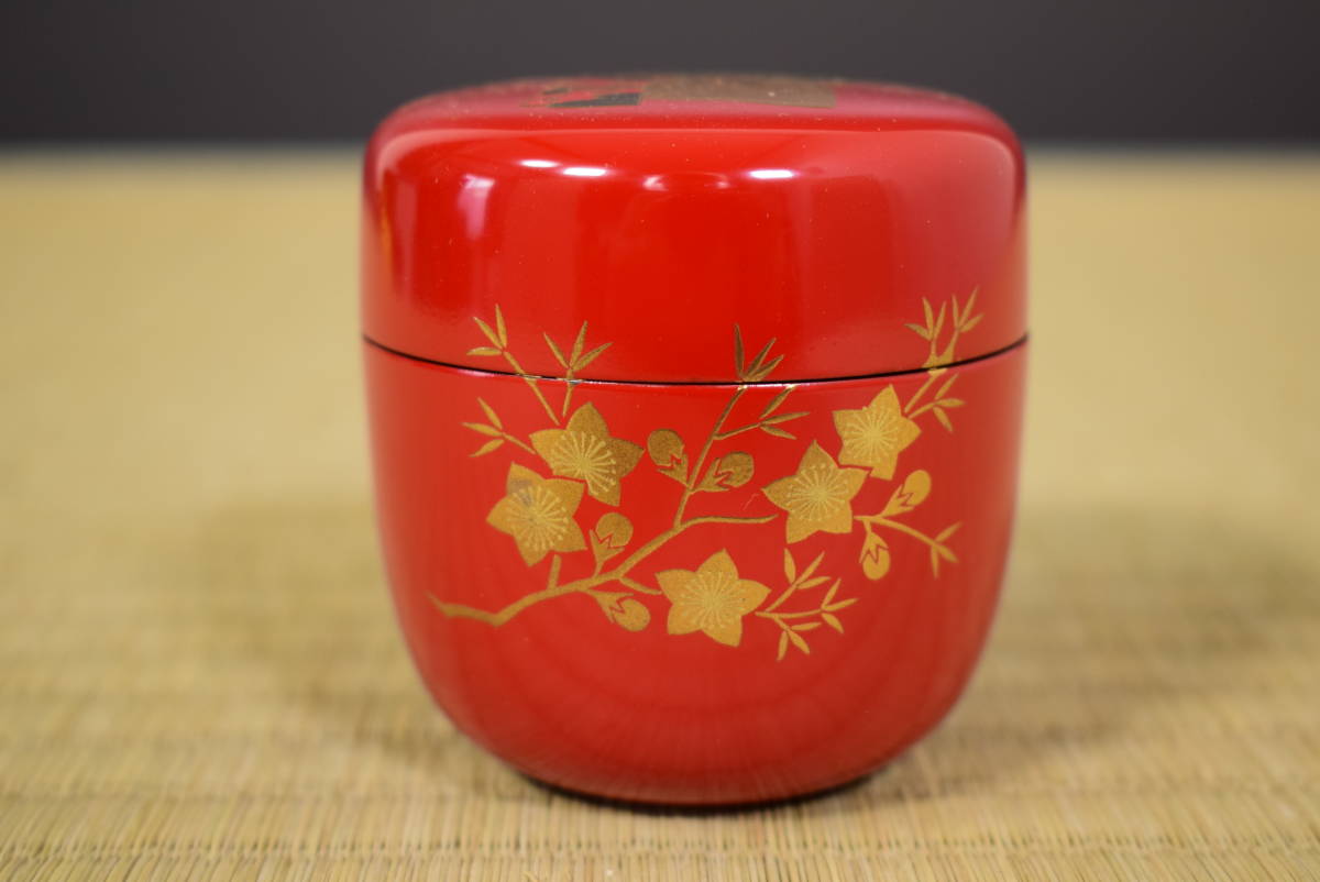 和】古美術収集家買出品 寿峰作 立雛蒔絵棗 朱塗 共