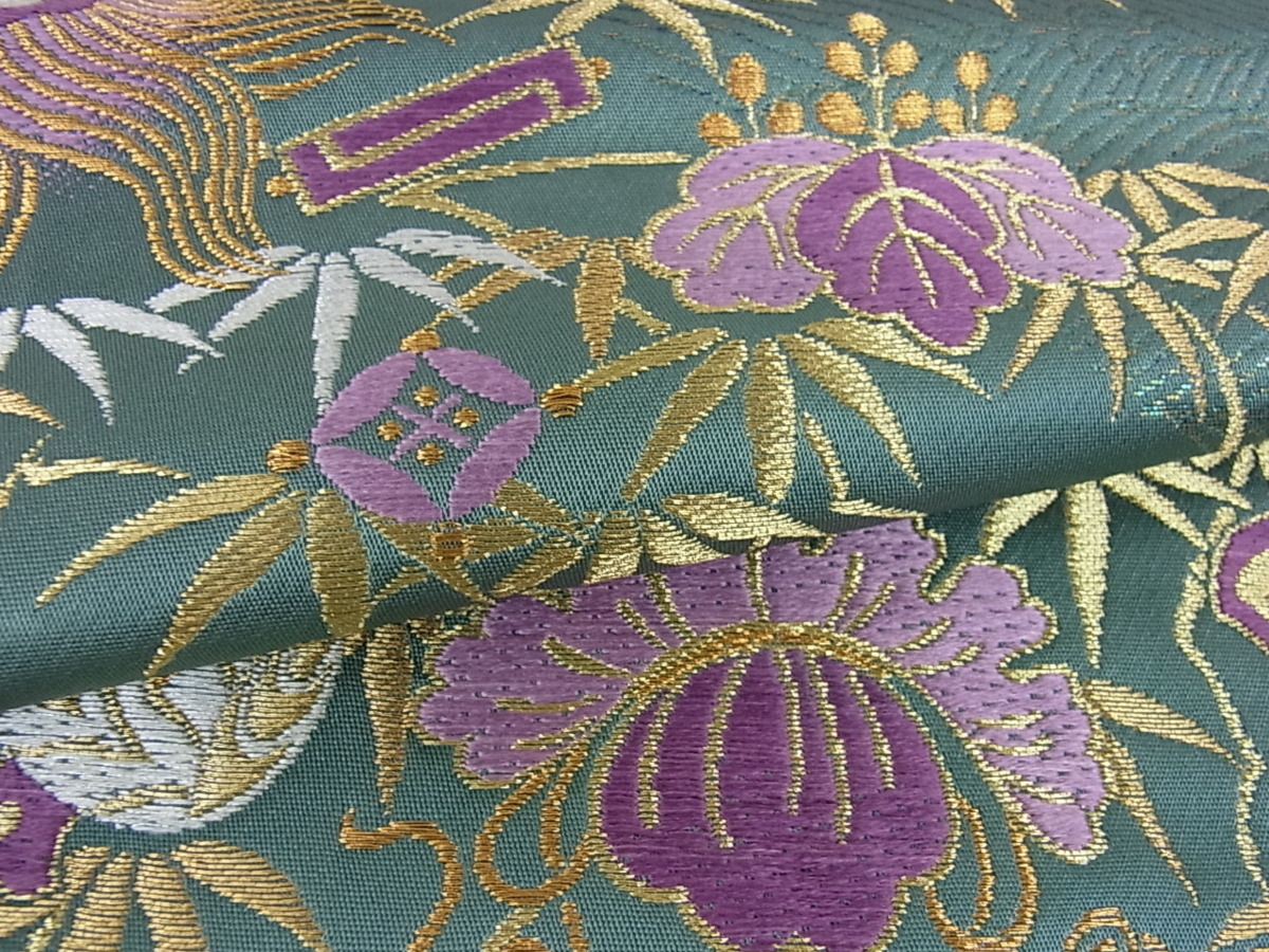 R*6様 袋帯 六通袋帯 宝祥碧玉華文名品 落款 じゅらく 着物 草花 美品 帝王紫 六通柄袋帯 じゅらく謹製 袋帯 じゅらく 花美人着物□京の名門