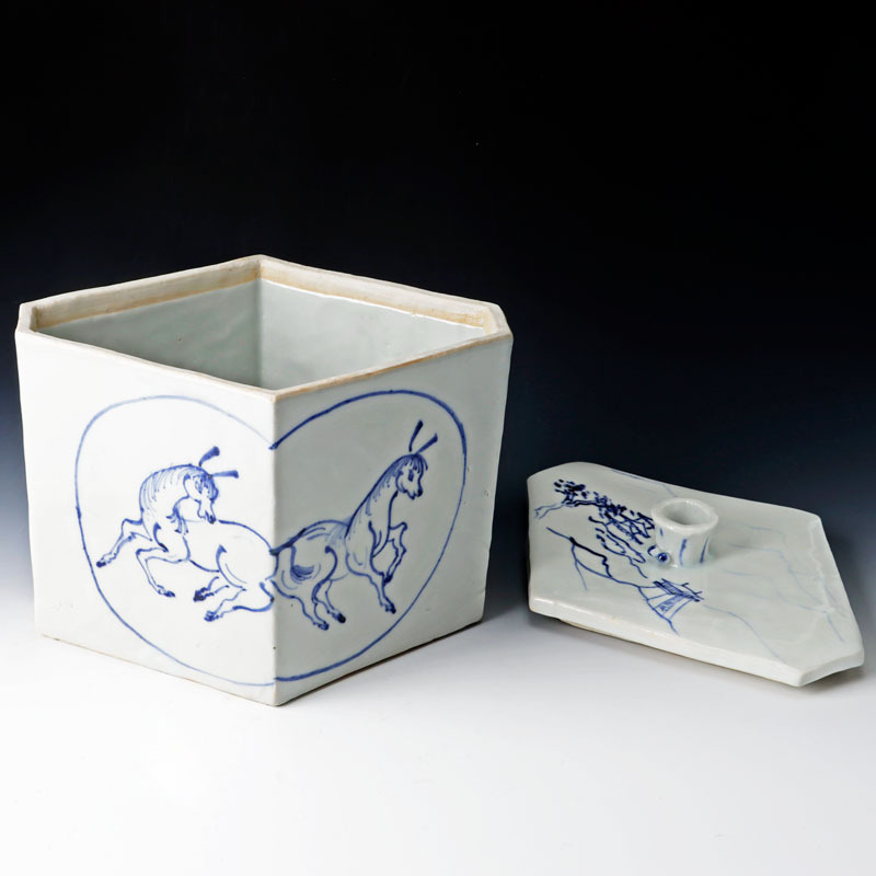 古美味】川瀬竹志 染付菱馬水指 茶道具 保証品 5gYI