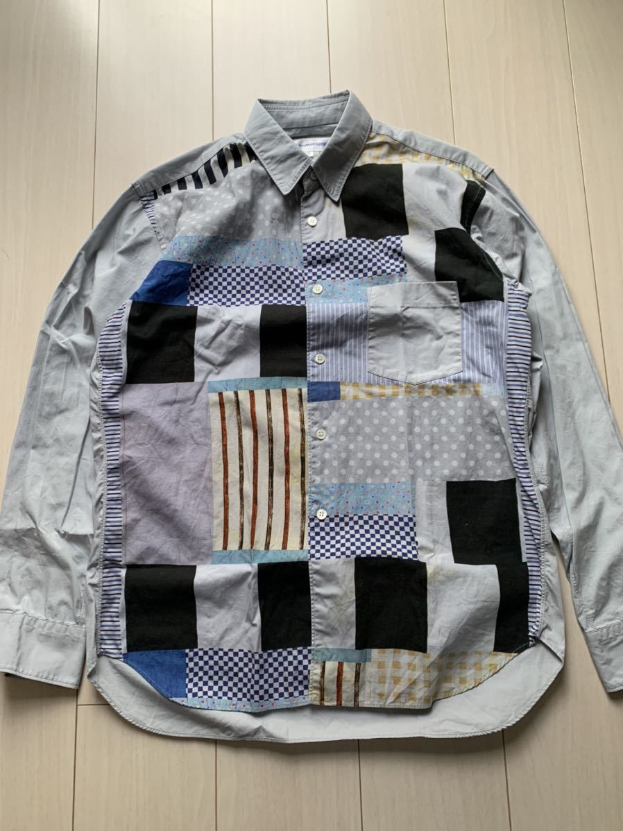 希少 ビンテージ COMME des GARCONS コムデギャルソン 長袖シャツ◎パッチワークデザイン◎切替デザイン◎ストライプ◎別生地使用◎モード