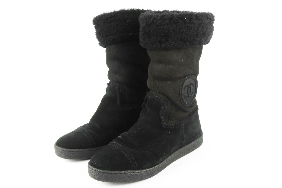 美品】CHANEL シャネル ムートンブーツ ブラック ココマーク 37 1/2 