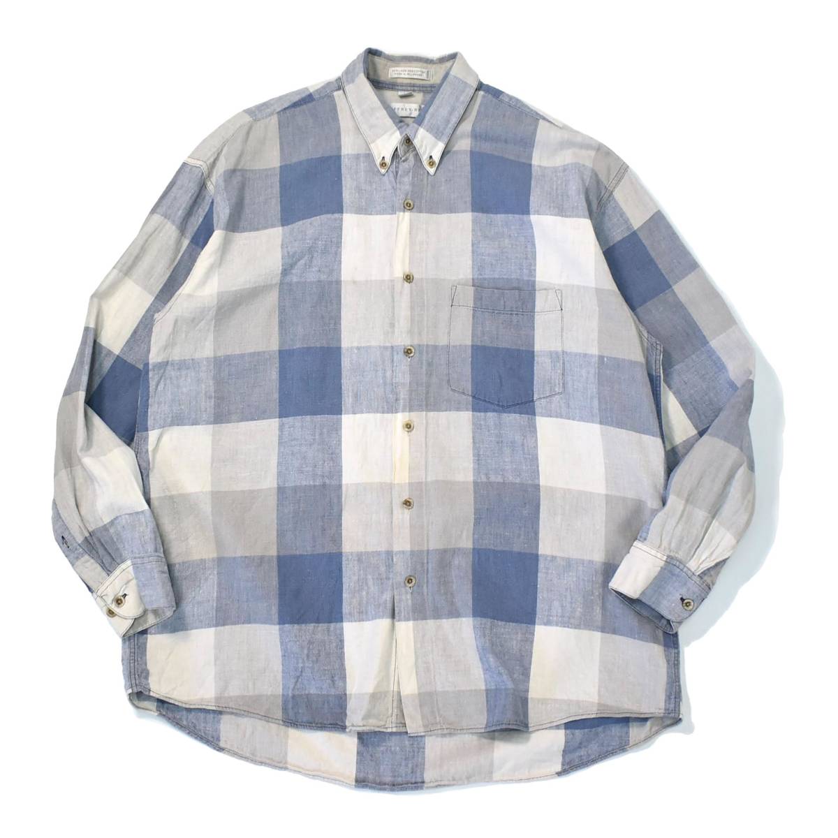 配色◎ 00s Vintage リネン コットン BD チェック シャツ Geoffrey 