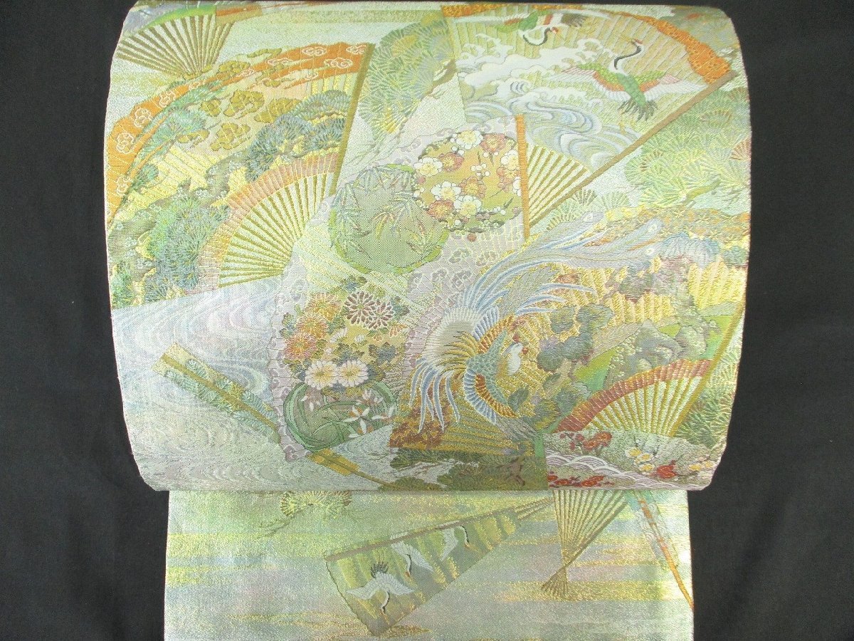 袋帯 京都 西陣 金銀糸 黒×金 市松 宝尽くし 松竹梅 菊 中古 kp1317