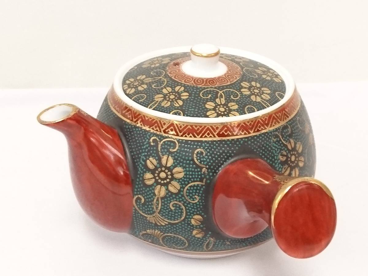初だし】九谷焼 九谷陶宝 造 青粒 蓋付茶器揃/金彩/横手急須/蓋つき