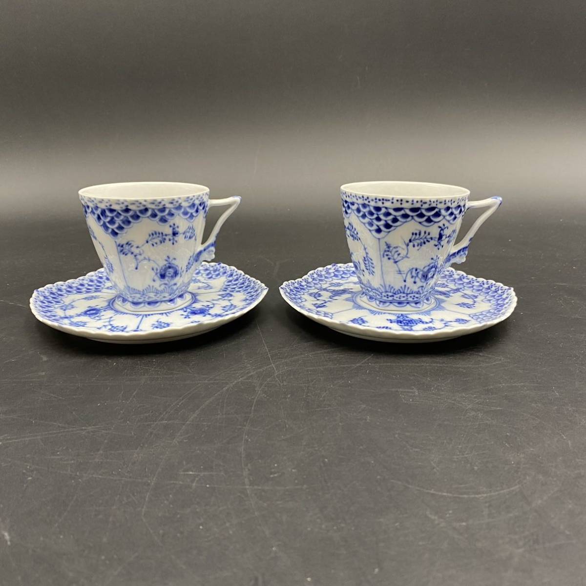 1円~【美品】ロイヤルコペンハーゲン ROYAL COPENHAGEN ブルーフルーテッド フルレース 顔付 カップ＆ソーサー 2客セット_1